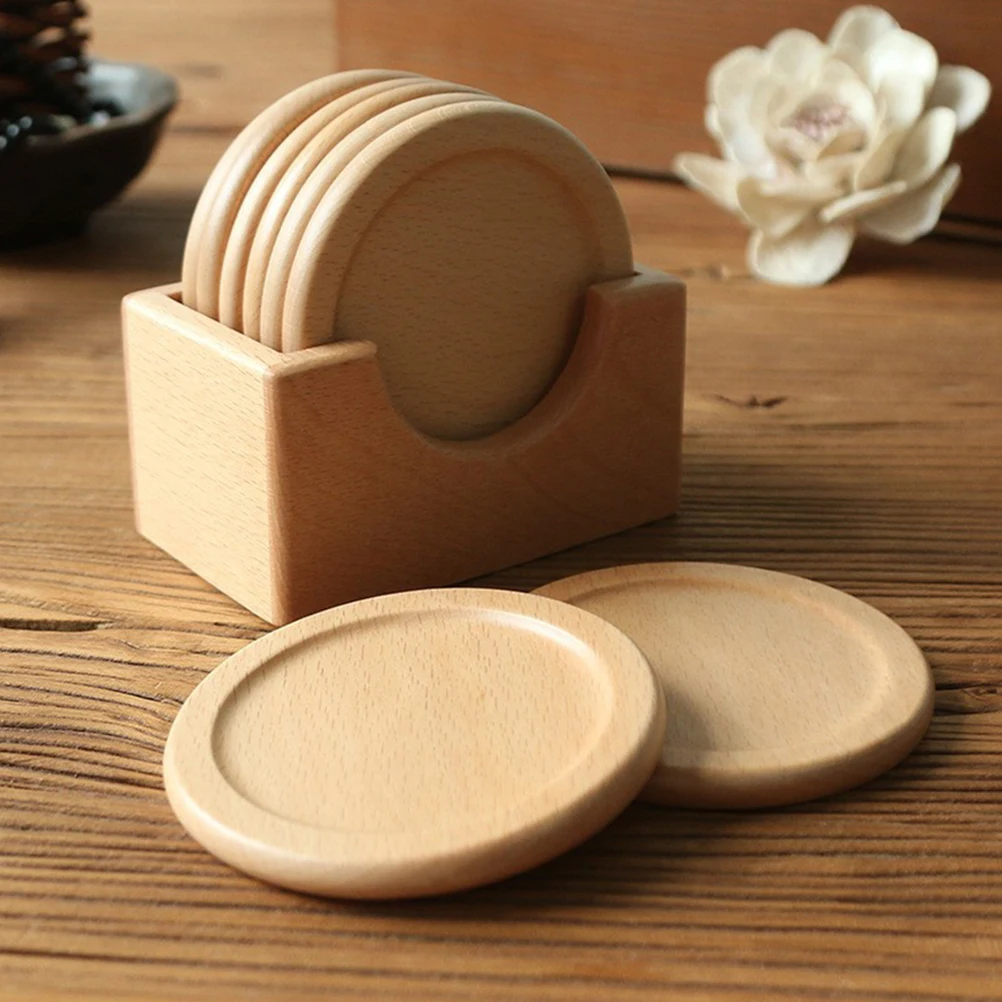 

6pcs Wood Coasters Coasters Set Coffee Table Drink Coaster European Rustic Cold Holder Safe Birthday Gift