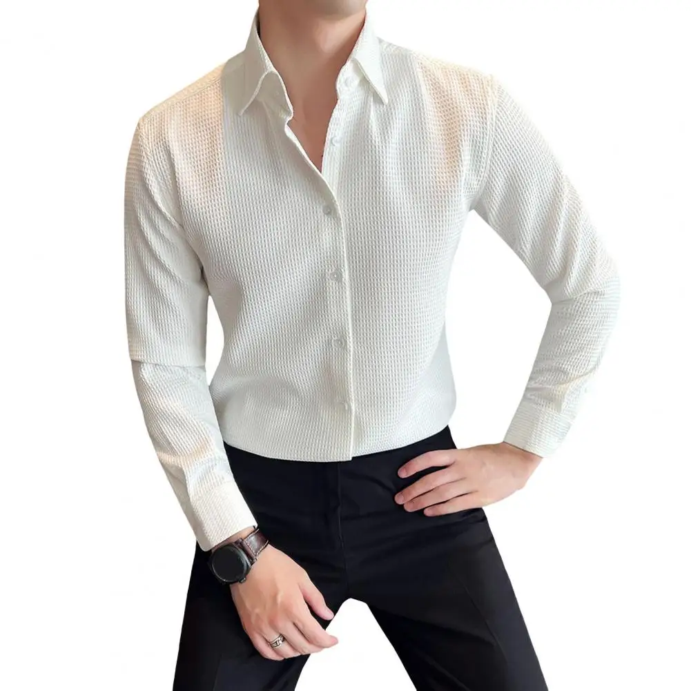 

Autumn Men's Long Sleeve Shirt Slim Waffle Shirt for Spring Fall Turn-down Collar for Business