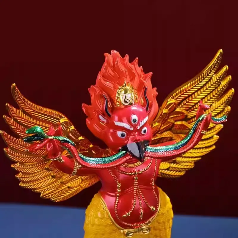 Alloy golden-winged , fully painted lotus pedestal, guardian Buddha statue, great peacock orn