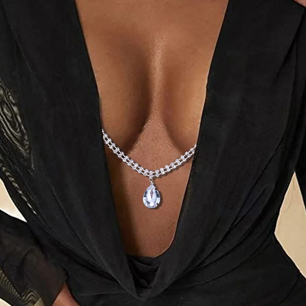 Rave Water Drop Pendant Crystal Nipple Chain Jewelry For Women Non Piercing Sexy Rhinestone Body Chain Bikini Festival Outfit