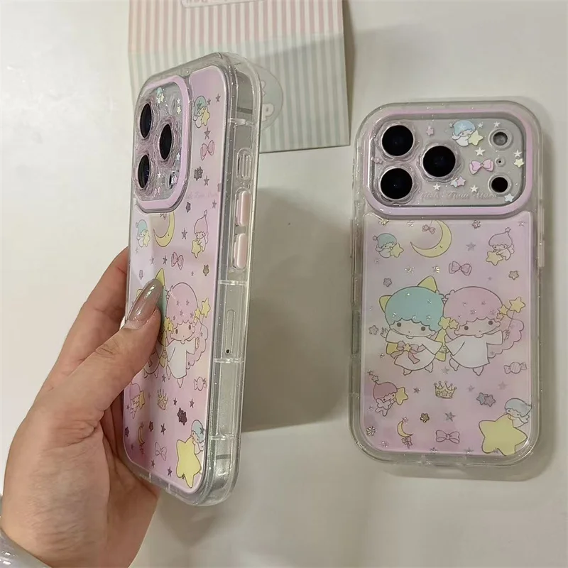 Przezroczyste etui na telefon z nadrukiem Kawaii Little Twin Stars dla iPhone 17 16 15 Pro Max, koreańska moda, urocza kreskówkowa osłonka ochronna, nowość 2026 — zdjęcie produktu 6