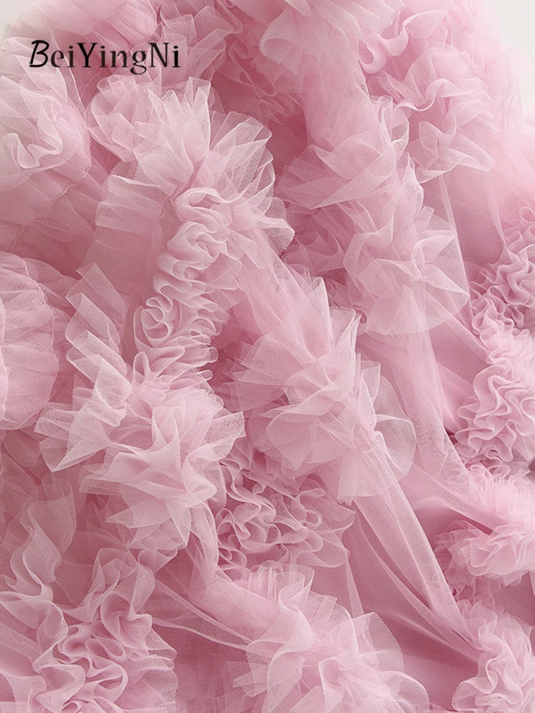 ベイインギー レディース ハイウエスト ふわふわ マキシスカート 無地 ヘビーインダストリー レース メッシュ Aライン ロングスカート 女性用 フレンチ エレガント ピンク スカート