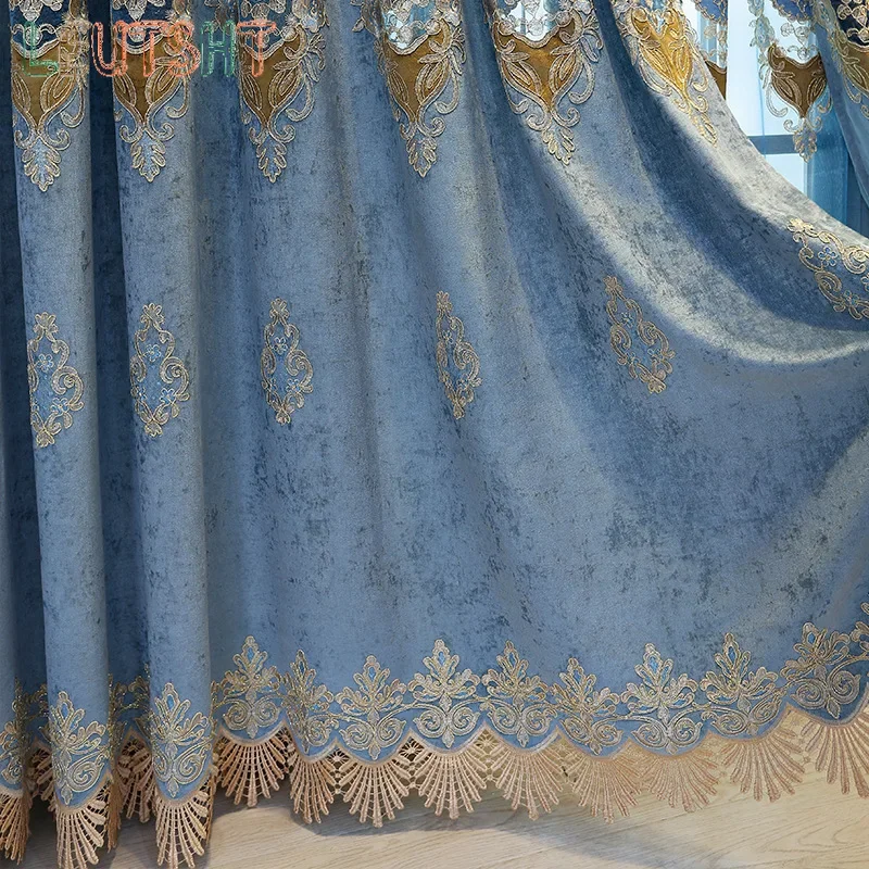 Custom Size European-style Curtains Two-color Chenille Atmosphere Villa Living Room Study Hollow Embroidered Curtain Fabric