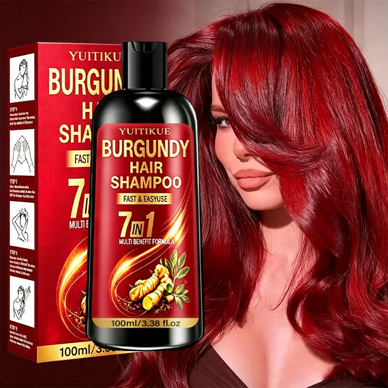 YUITIKUE 7 In 1 Burgundy Hair Dye Shampoo, Mild Ginger Extract Formula, Natural Burgundy Tone Cover Gray Hair Home Use 100ml