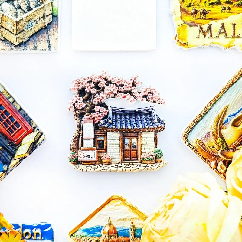 مغناطيس ثلاجة قرية سيول هانوك - تذكار منزلي كوري ثلاثي الأبعاد لتزيين السقف المطلي باللون الأزرق هدية آسيا فريدة من نوعها