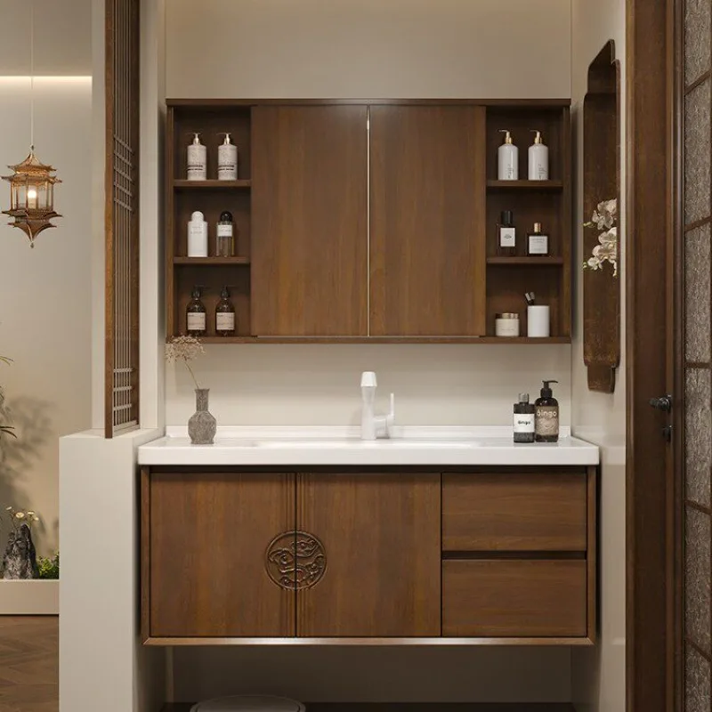 

Oak bathroom cabinet, ceramic integrated bathroom hand wash basin cabinet
