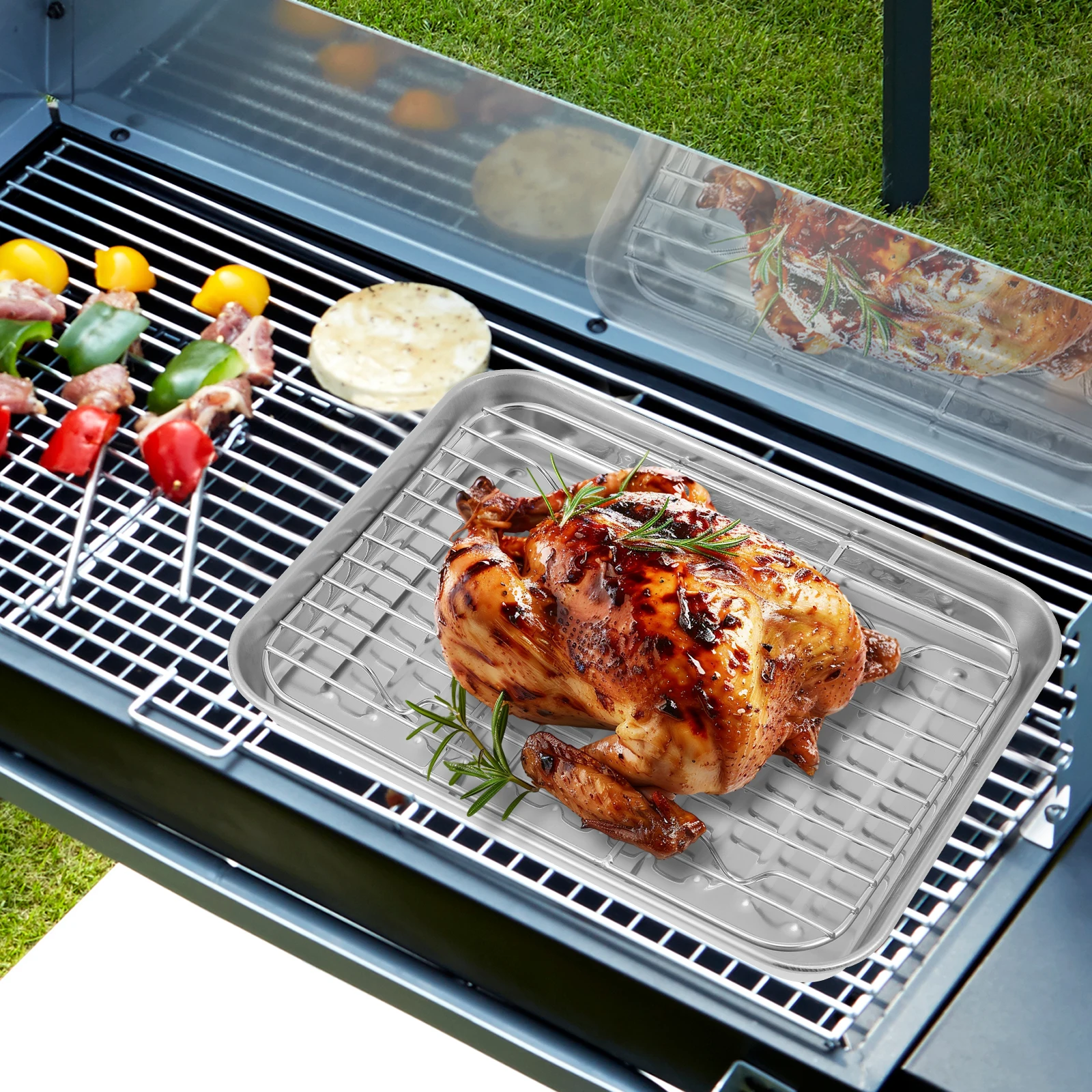 

2Sets Stainless Steel Cookie Sheet Non-Stick Surface Included Wire Rack Ideal for Roasting Meats Baking Tray Oven Tray