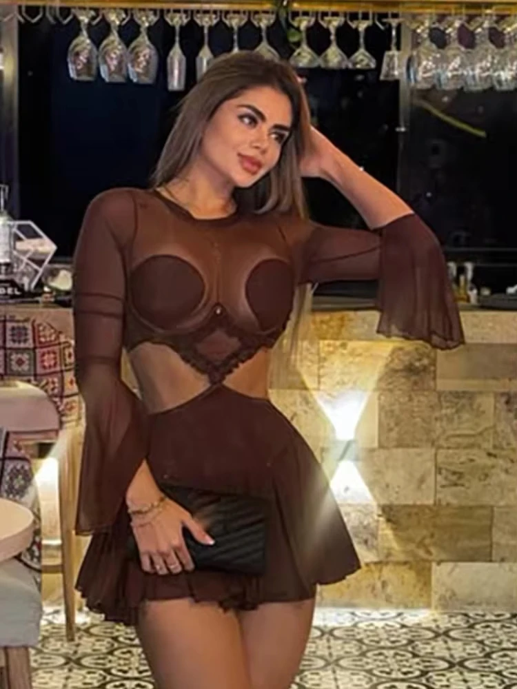 

2026 Waistless Patchwork Mesh Dress Woman o-Neck Full Sleeve Ruffle Hollow Design Midnight Club Party Sexy Fashion Bodycon