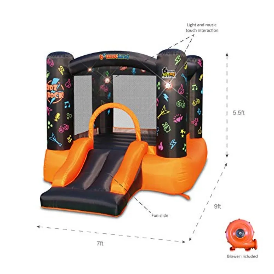 Kidz Rock Bounce House with Lights and Sound Interaction Inflatable Bouncer 9 ft L x 7 ft W x 5.5 ft H Music and Lights for Pla