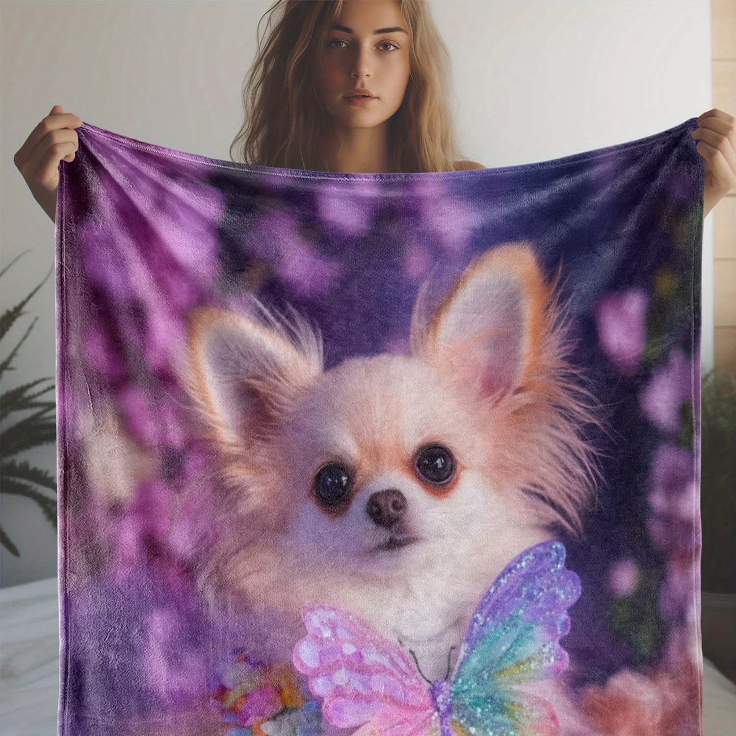 1pc Vintage Chihuahua & Butterfly Print Fleece Blanket - Ultra-Soft Plush All-Season Cozy Throw, Pastel Pink & Golden with Multi