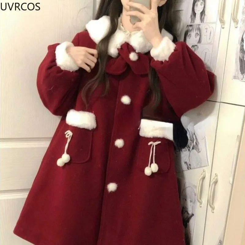 Winter Kawaii Red Wool Coats Women Loose Japanese Sweet Lolita Outwear Jacket Female Korean Style Pockets Warm Bow Overcoat 2024