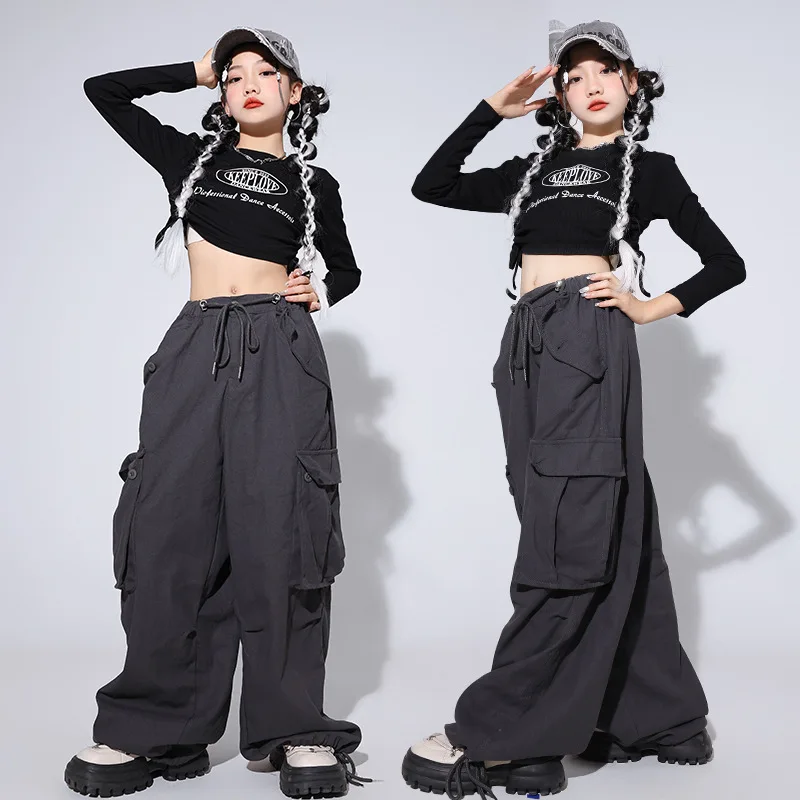 Kid's Hip-hop Jazz Dance Costume BlackPrint Pullover Short Top Loose Large Pocket Workwear Pants Girls Boys Jazz Dance Suit