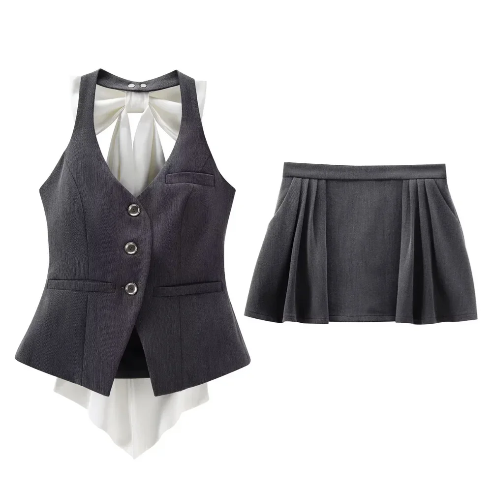 

LIBIELIY 2025 Spring/Summer New Women's Detachable Butterfly Knot Dew Back Hanging Neck Vest Pleated Skirt Pants Set