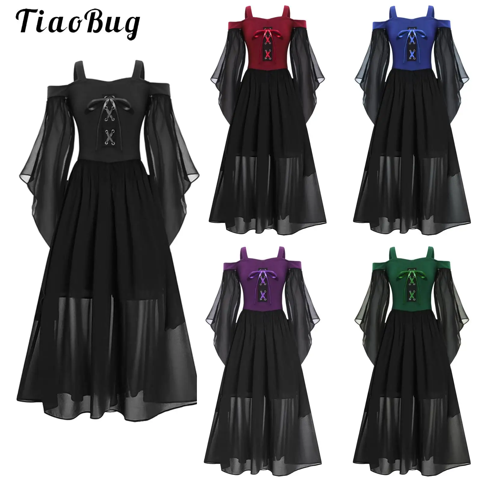 

Black Renaissance Gothic Dress for Kids Girls Off Shoulder Trumpet Sleeve Medieval Corset Dress Halloween Steampunk Clothes