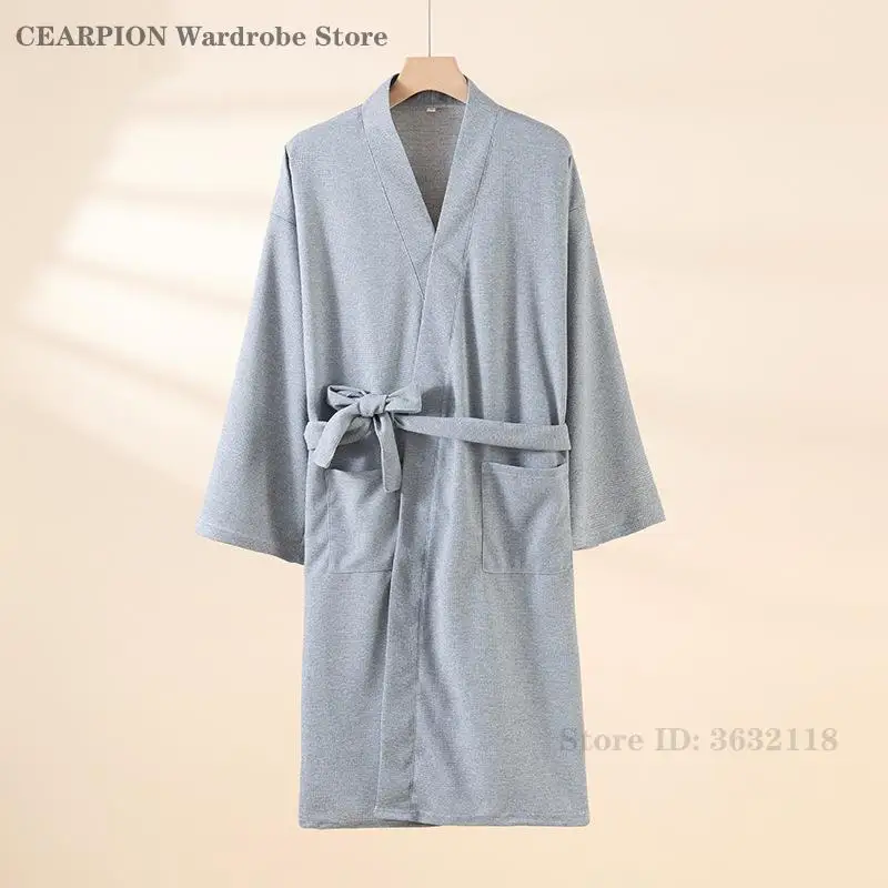 Spring Autumn New Robe Solid Color Couple Bathrobe Kimono Gown Waffle Casual Sleepwear Loose Nightgown Home Clothes Loungewear 2