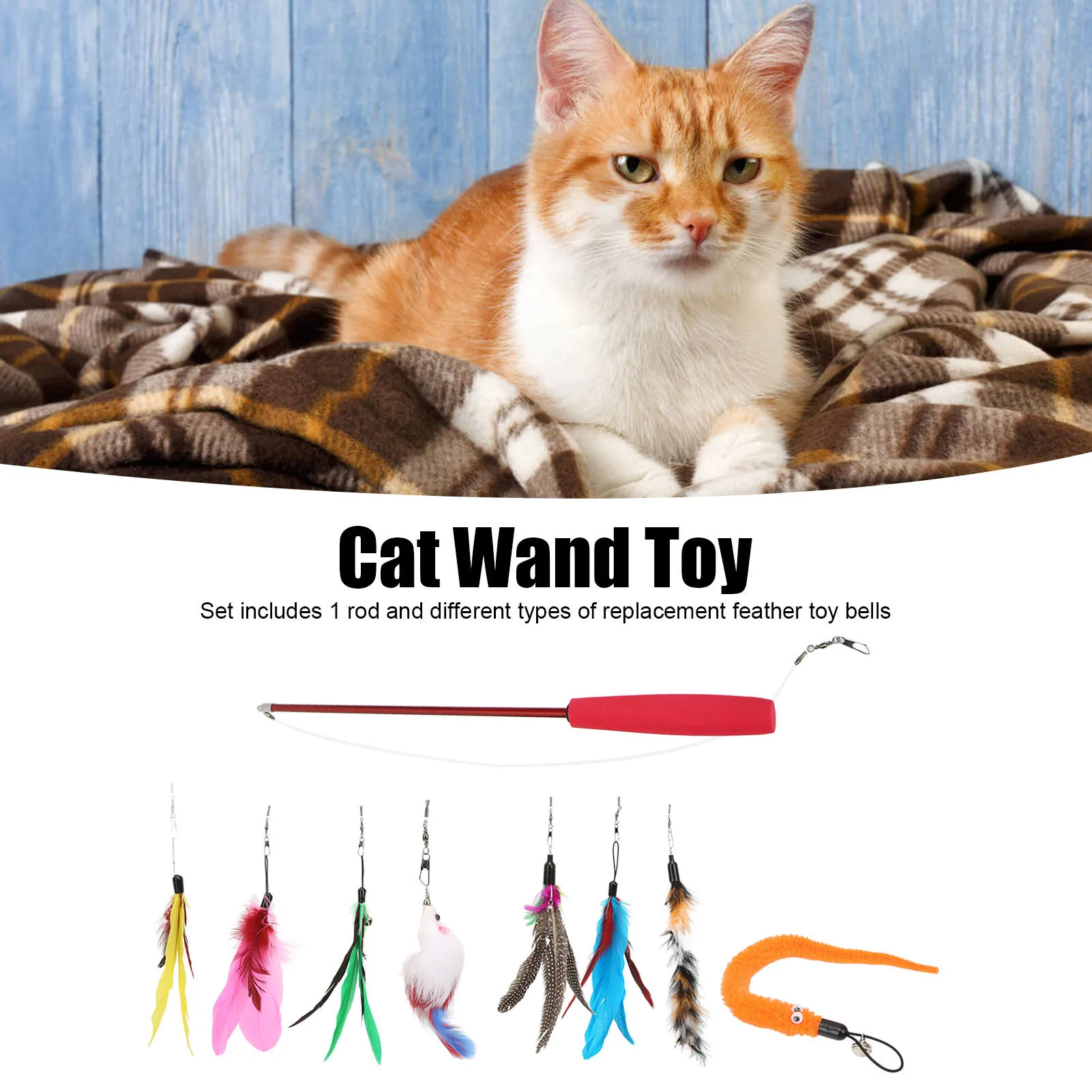 9pcs Cat Interactive Toy Feather Teaser Stick Wand Pet Retractable Feather Refill Replacement Catcher Product For Cat