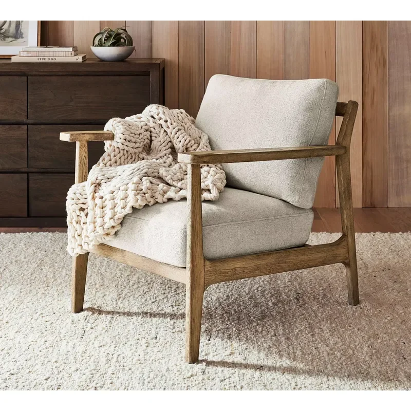 Modern Country Solid Oak Frame Handmade Black Wood Veneer Pine Cushion Living Room Decorative Chair Sea Bleach Style