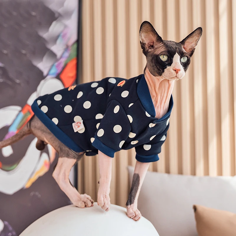 Cotton Baseball Uniform for Sphynx Clothes Winter Long Sleeves Dot Coat For Devon Rex Soft Cartoon Loungewear Jacket For Kittens