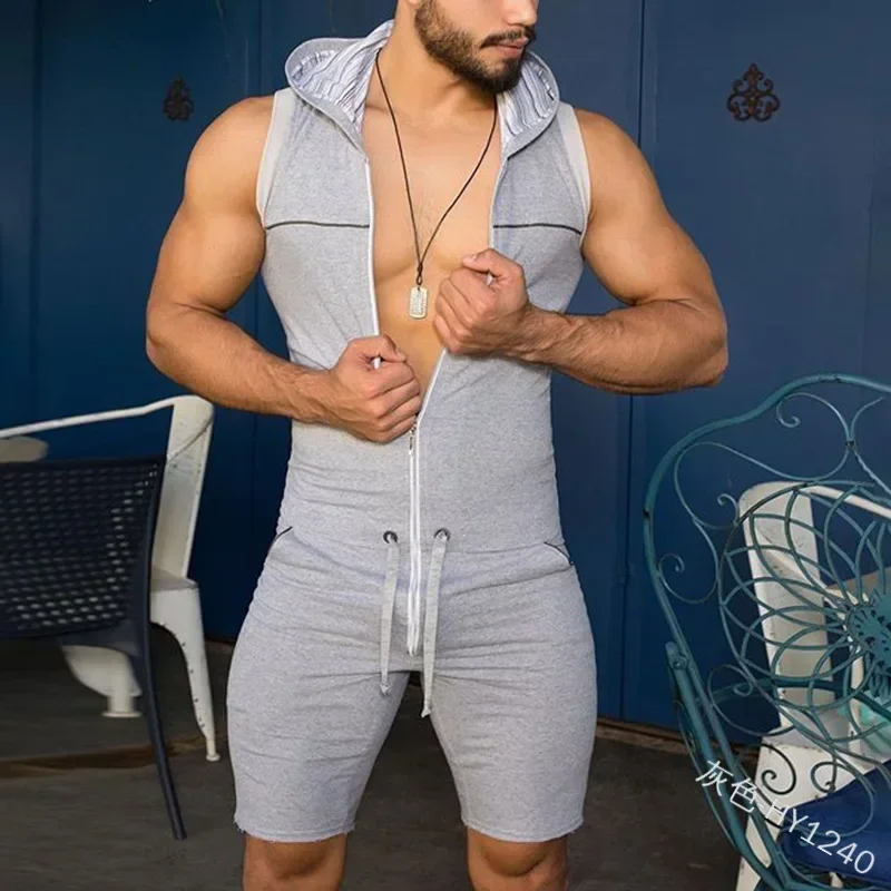 5XL Men Large Size Sexy Hooded Playsuit Sleeveless fitness bodybuilding Jumpsuit Zipper Open Male Fashion Solid onesies Bodysuit