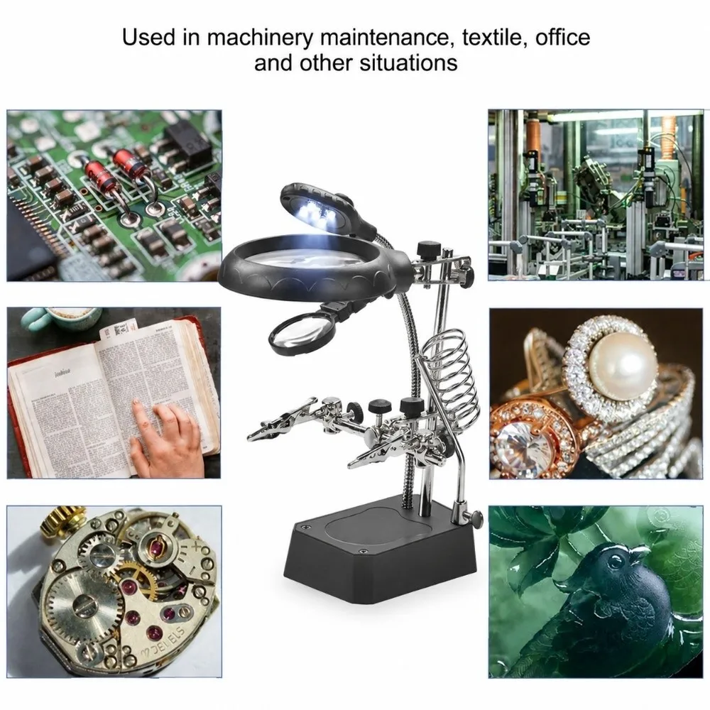 Metal Frame Helping Hands Magnifier Black Body Round Lens Soldering Magnifying Station Transparent Lens Adjustable Arm