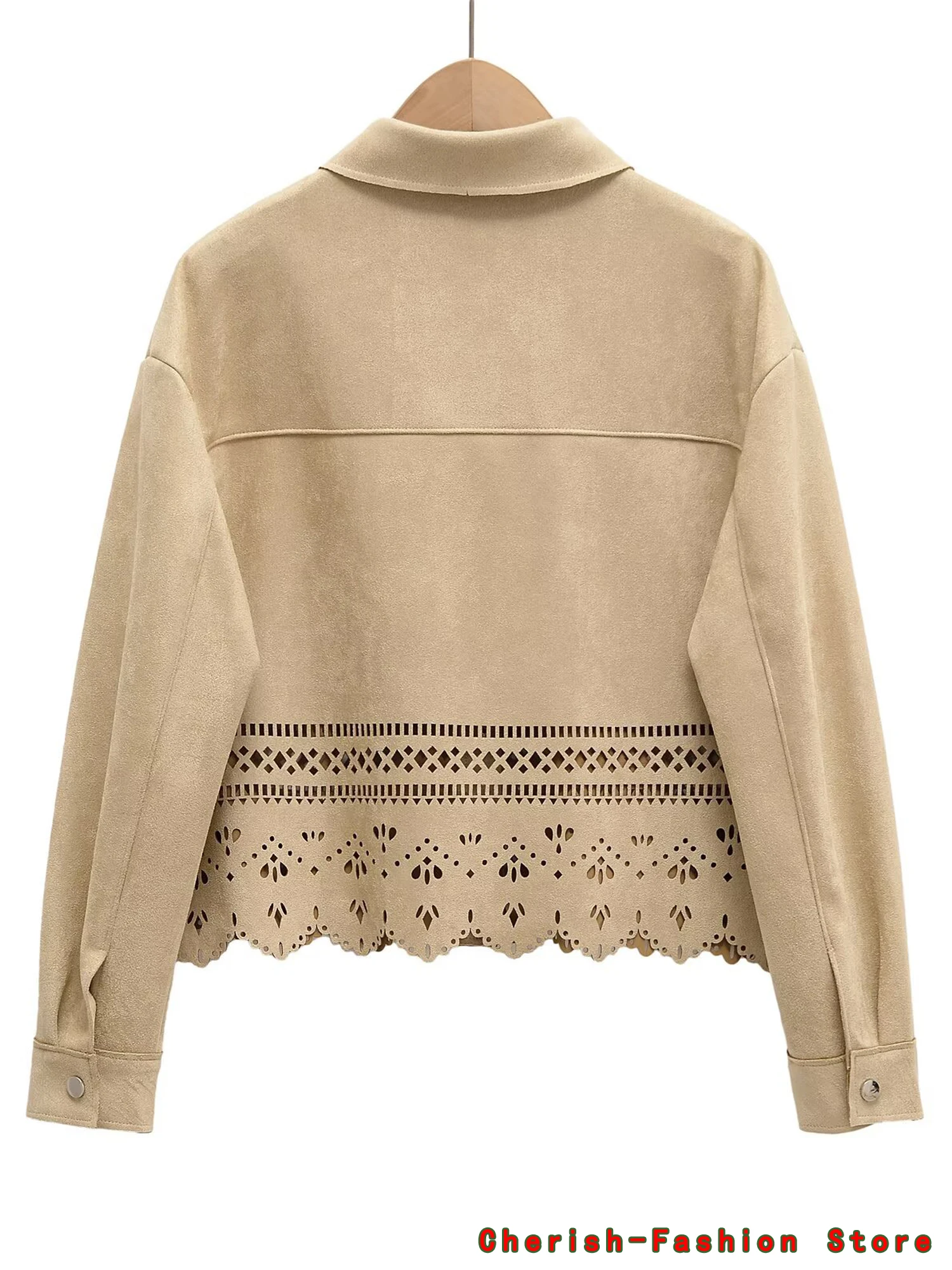 Casual Suede Jackets Women Street Lapel Long Sleeves Fake Pockets Coats Female 2025 Spring Fashion Chic Hollow Out Outwears Lady