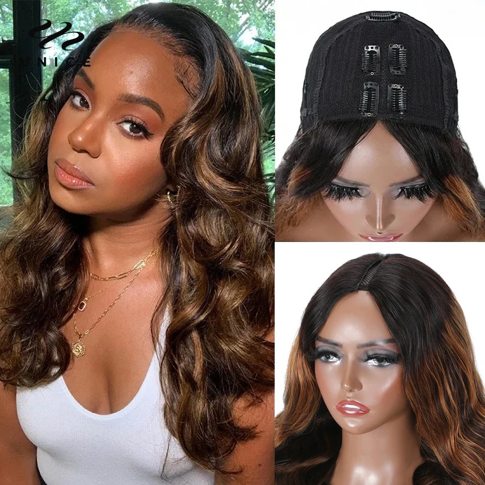 UNice Hair Body Wave Highlight Wig V Part Wig Human Hair Put On and Go V Shape Minimal Leave Out Easy Blend Human Hair Wigs