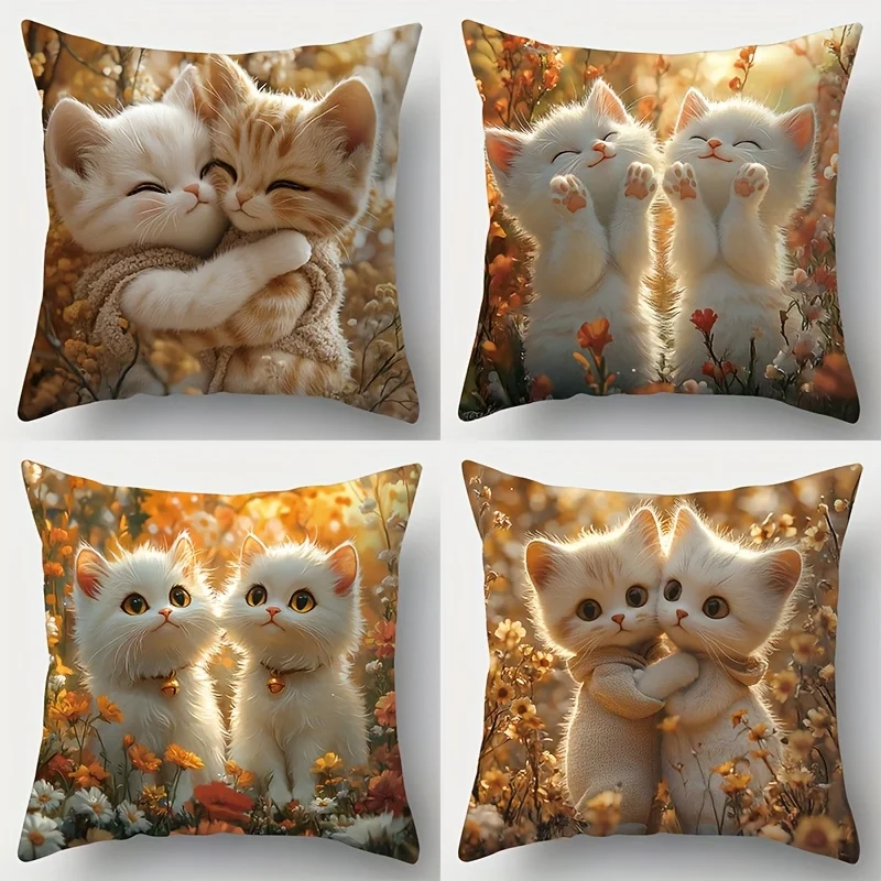 4-Piece New Pillowcase Set – Featuring Cats Cuddling, Cute Poses & Surrounded by Adorable Flowers