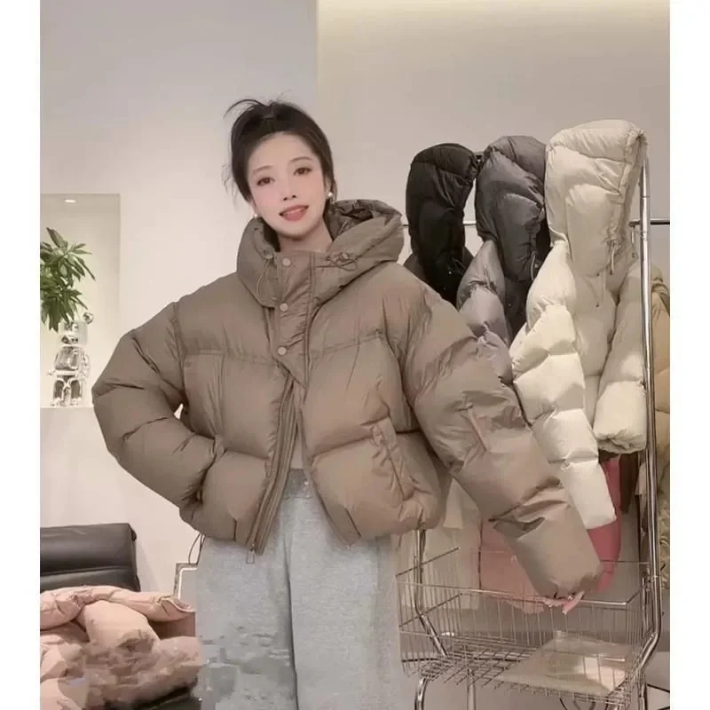 2024 New Korean Women\'s Puffer Jacket Winter Parka Trendy Down Cotton-padded Cropped Coat Hooded Loose Thicken Warm Short Jacket