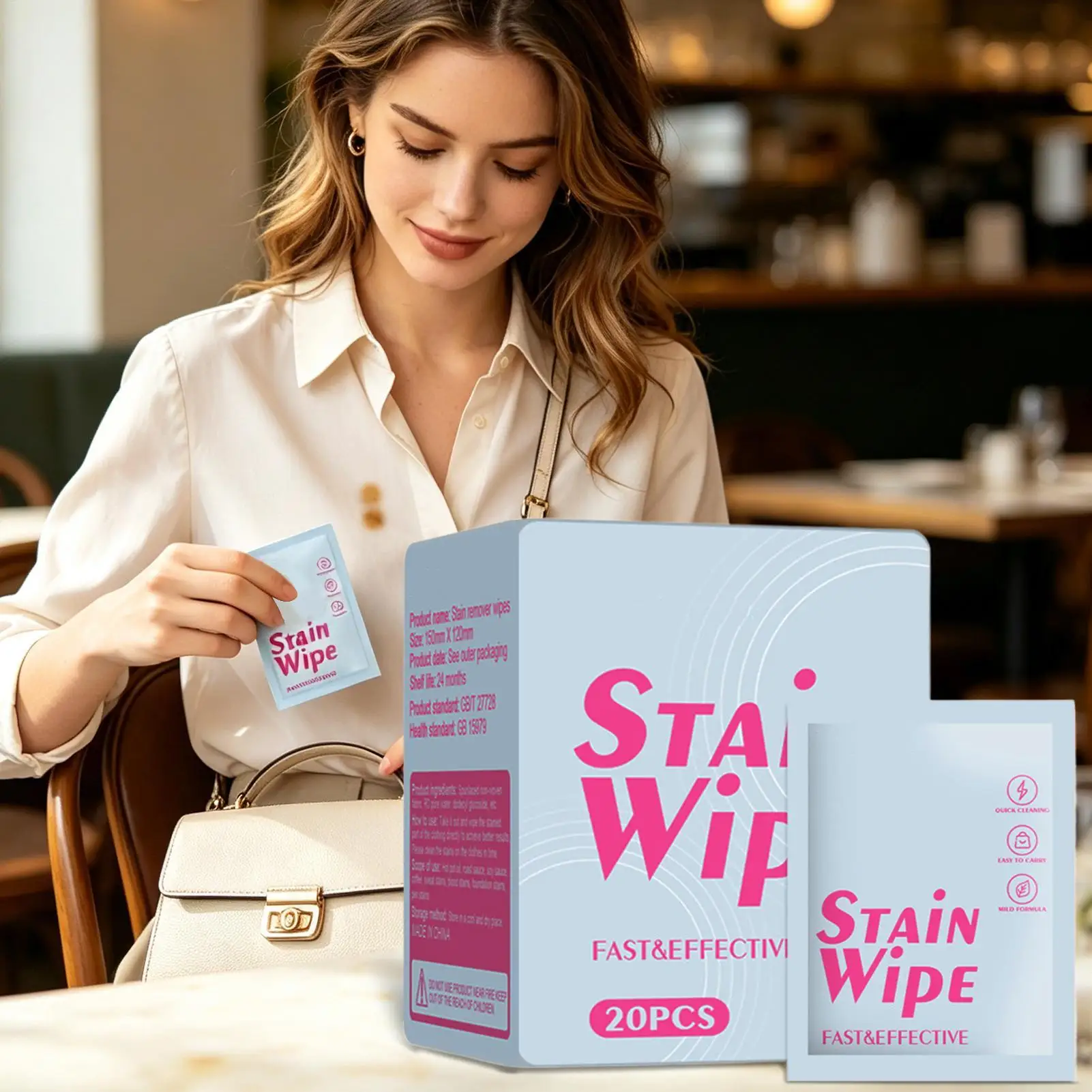 

No Rinse Stain Remover Wipes 20 Individually Wrapped Laundry Sheets Dryer Safe Cleaning Wipes for Clothes Home, Dorm, College