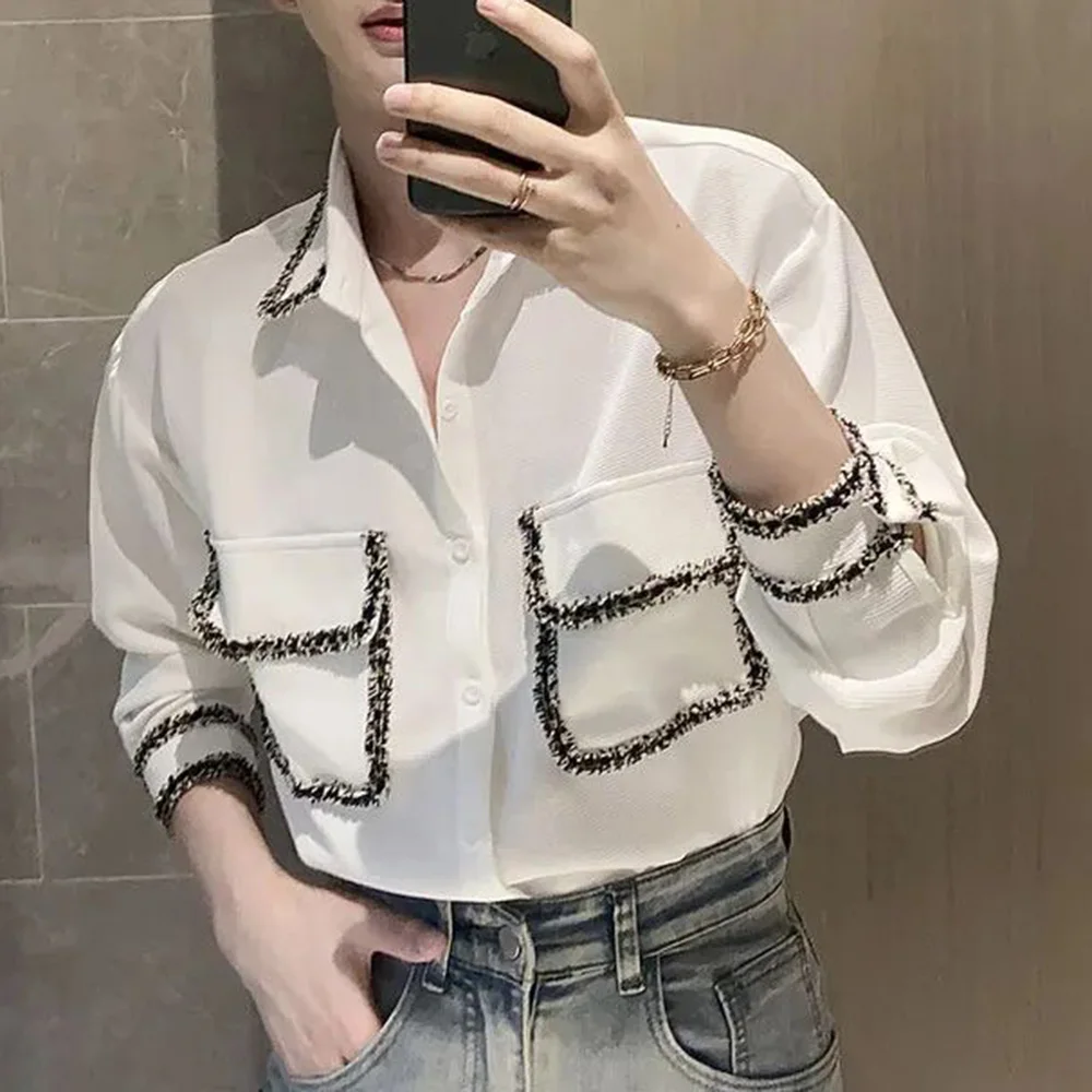 Mens Shirt Contrast Trim Korean Stylish Casual Shirt Temperament High-End Urban Fashion Autumn Easy Fit Tops Men'S Clothing 2024