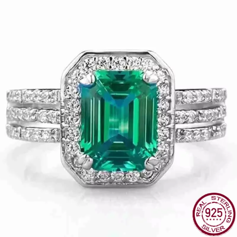 Yaranyan Vintage 100% 925 Sterling Silver 6 * 8 MM Emerald Cut Lab Sapphire High Carbon Diamonds Gemstone Ring Fine Jewelry