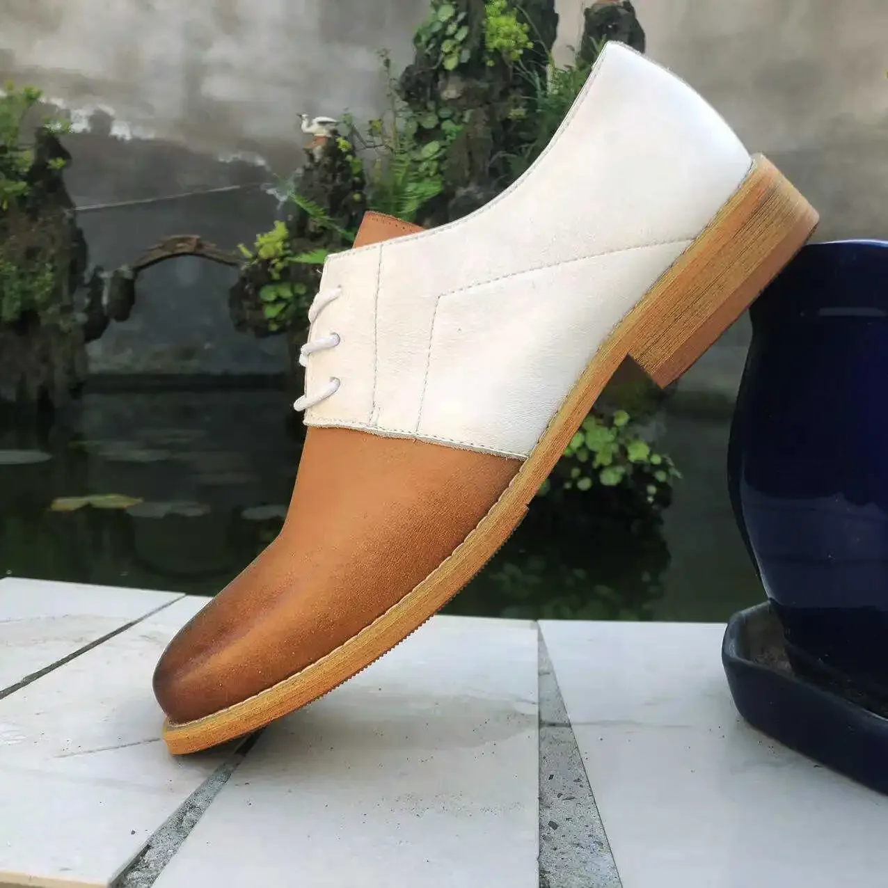 Genuine Leather Retro Color Patchwork Hand-painted Square Toe Men's Trendy Shoes