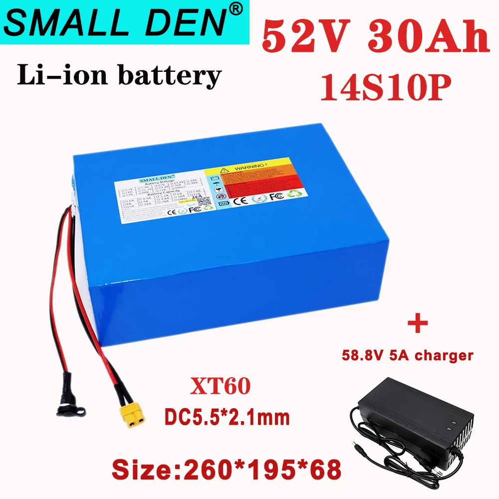 52V 30Ah Li-ion Battery Pack 18650-14S10P Built-in High Power BMS for 48V 0-1200W Motor Electric Bike Scooter Battery+5A charger