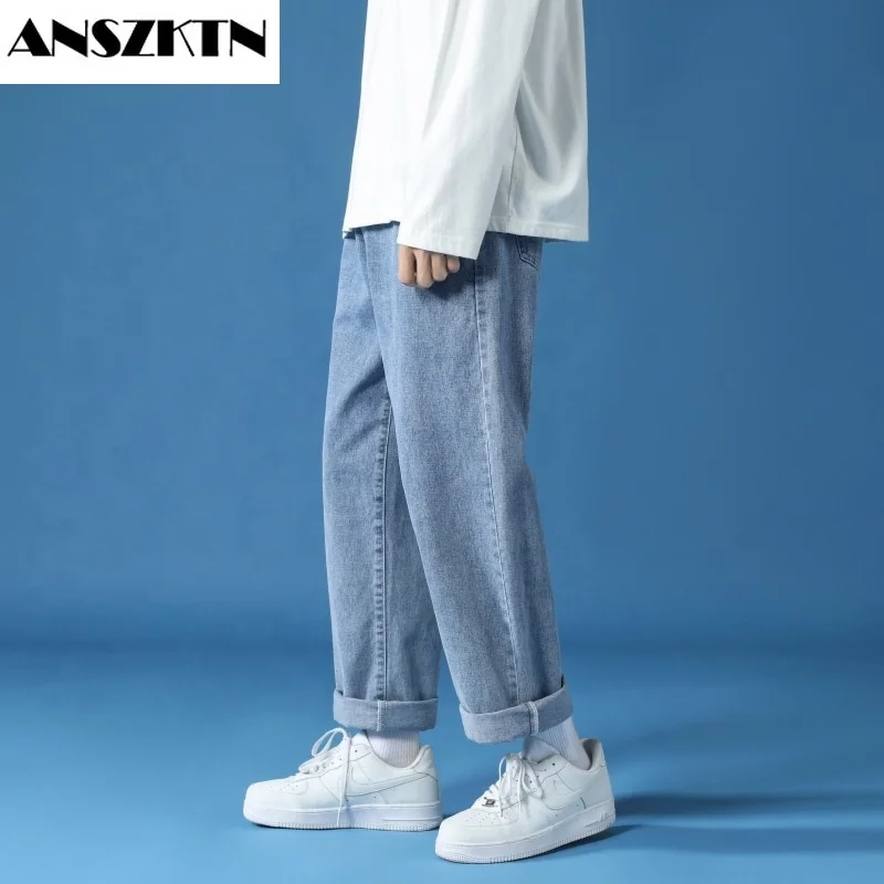 ANSZKTN Men's Loose Fashion Trendy Men's Plus Size all-match Long Trousers Straight Casual Wide Leg Denim Jean Pants