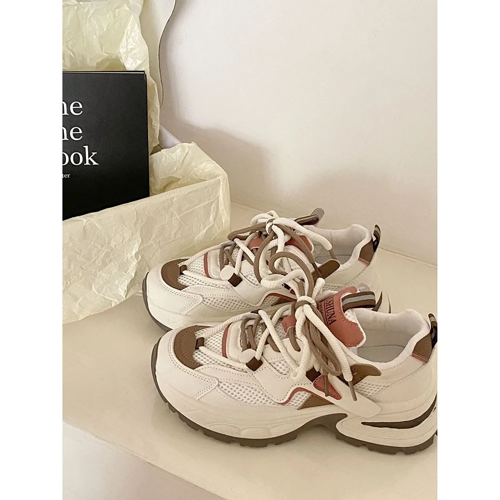 Mixed Colors Women's Shoes 2024 Spring New Mesh Breathable Retro Women Casual Shoes Thick Sole Heels Casual Sports Shoes 24-218