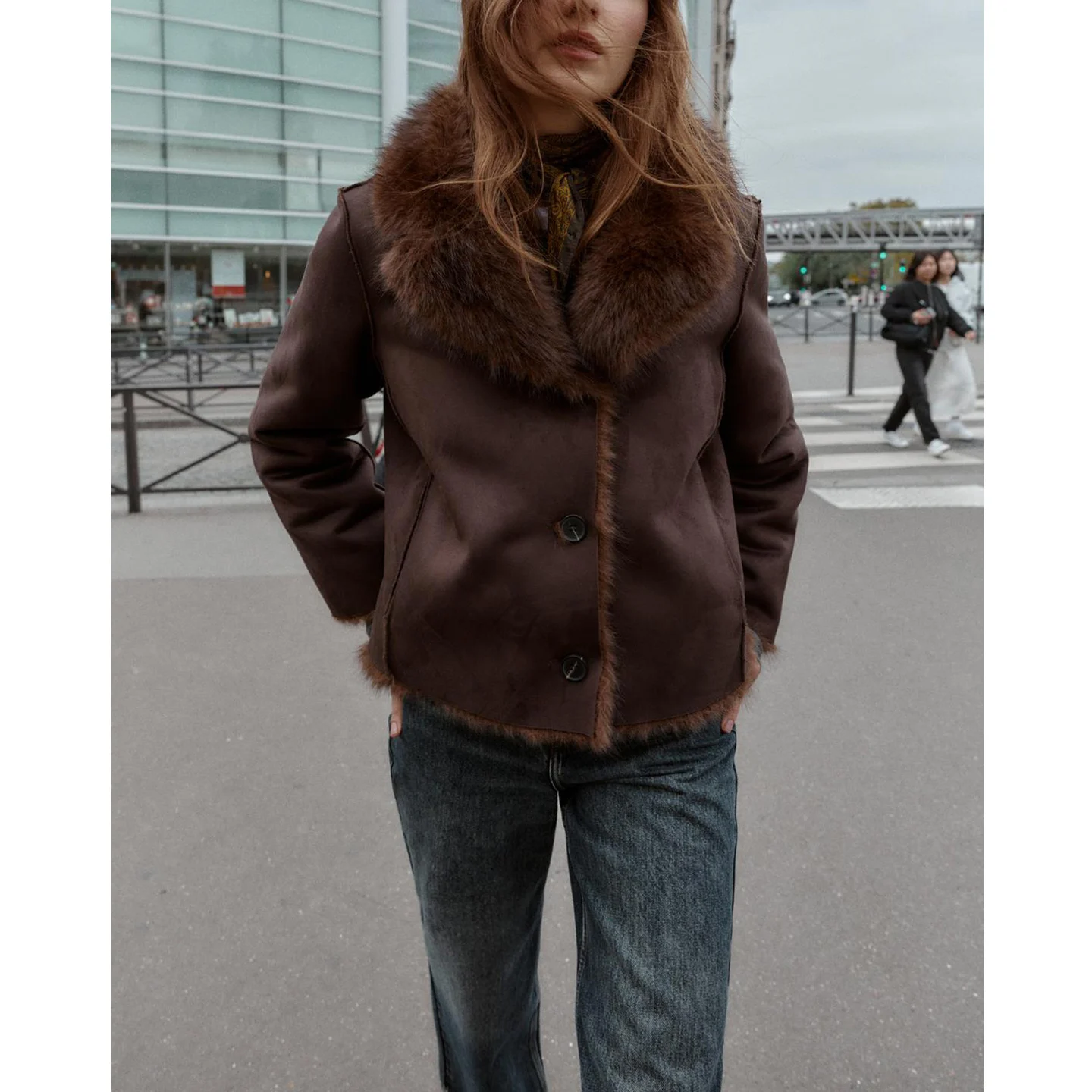 American Simple Sle Long col Sve Double face fourrure artificielle Jaet nouveau automne hiver femmes manteau chaud en Fiber de Polyester