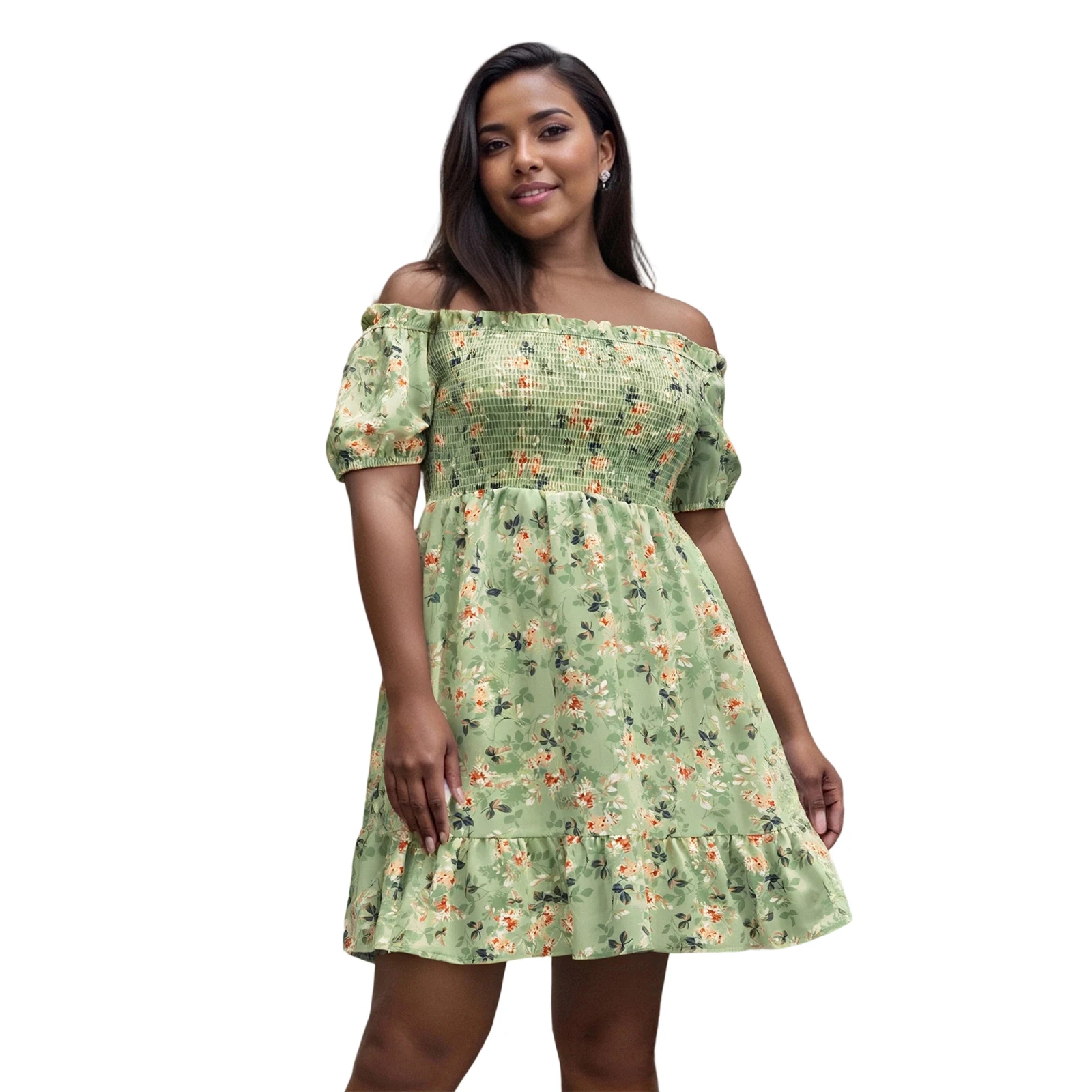 

Floral Off Shoulder Dress for Plus Size Women Smocked Short Sleeve A-line Short Ruffle Dress Summer Streetwear