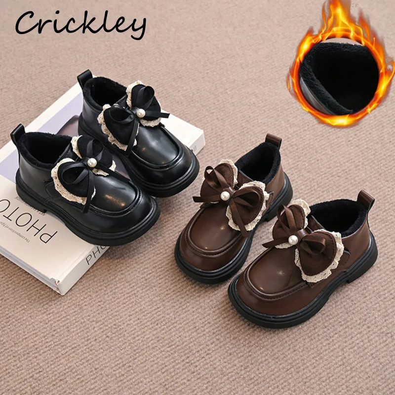 

Bow Lace Girls Fashion Boots Autumn Winter Short Plush Warm Kids Ankle Shoes PU Solid Hook Loop Soft Children Flats Boots