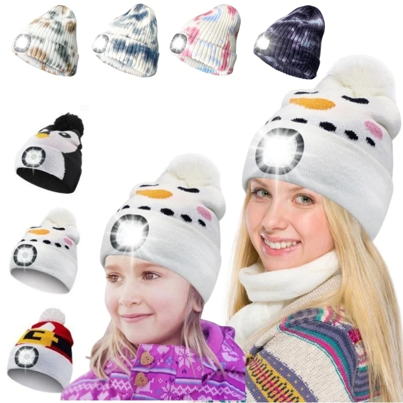 Family Set LED Hat USB Rechargeable Headlamp Hat Winter Warm Knitted Night Light Hat Suitable for Kids,Women,men ﻿