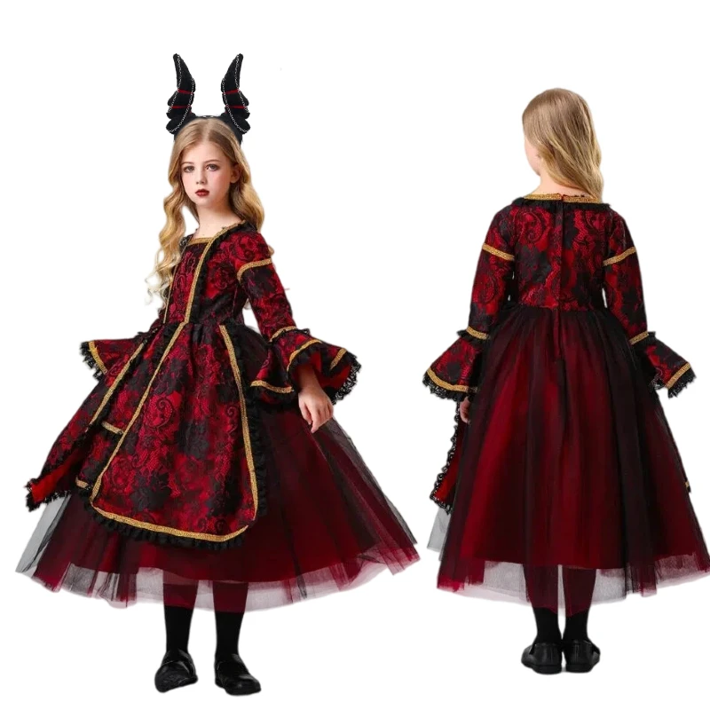 Vestido Largo Medieval Rosa con Encaje, Falda Abullonada, Disfraz de Vampiro, Vestidos de Estilo Corte con Tocado para Mujer