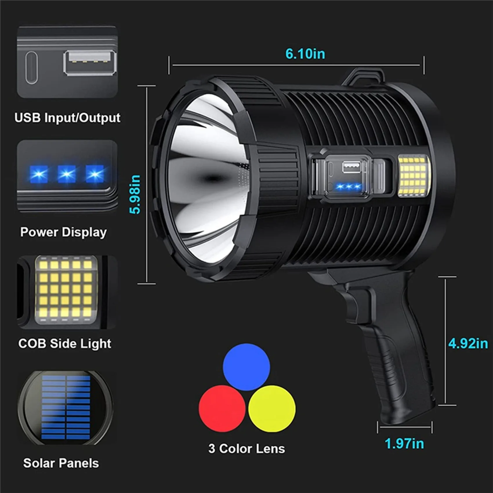 Rechargeable Spotlight 100000 Lumens LED Spot Lights Handheld Large Flashlight Super Bright Outdoor Solar Spotlights