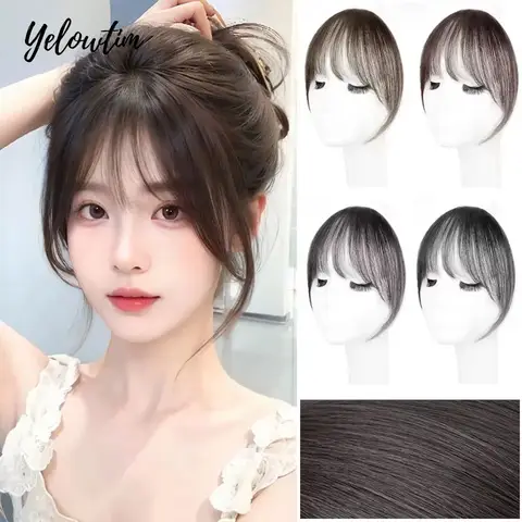 Human Bangs 자연 갈색 중간 부분 Wispy Bang 헤어 클립 in Bangs Fringe with Temples 헤어피스 여성용 클립 on Air Bang