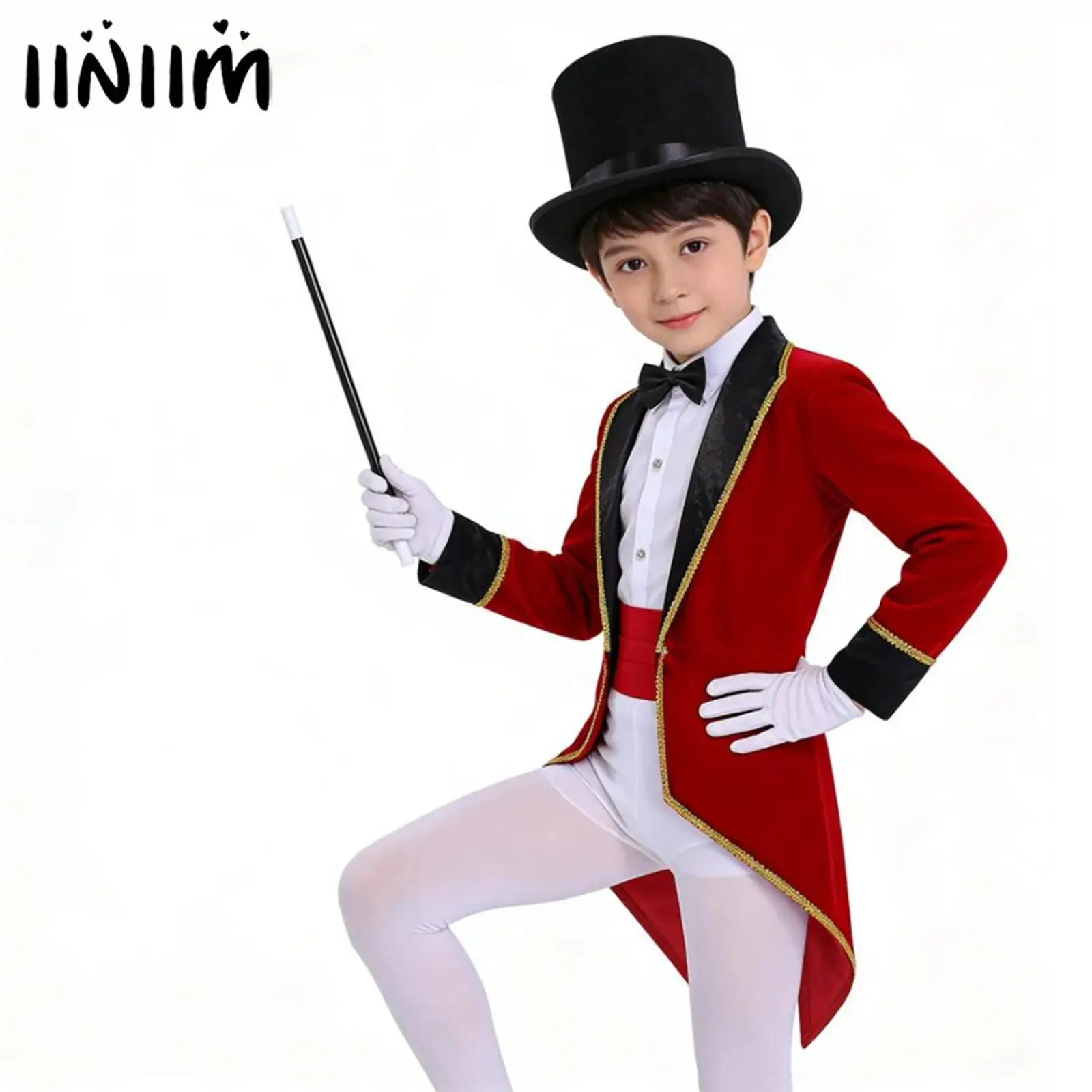Costume de cosplay de maître de la tournée de cirque pour filles et garçons, ensemble veste longue à revers avec chapeau, baguette magique et gants