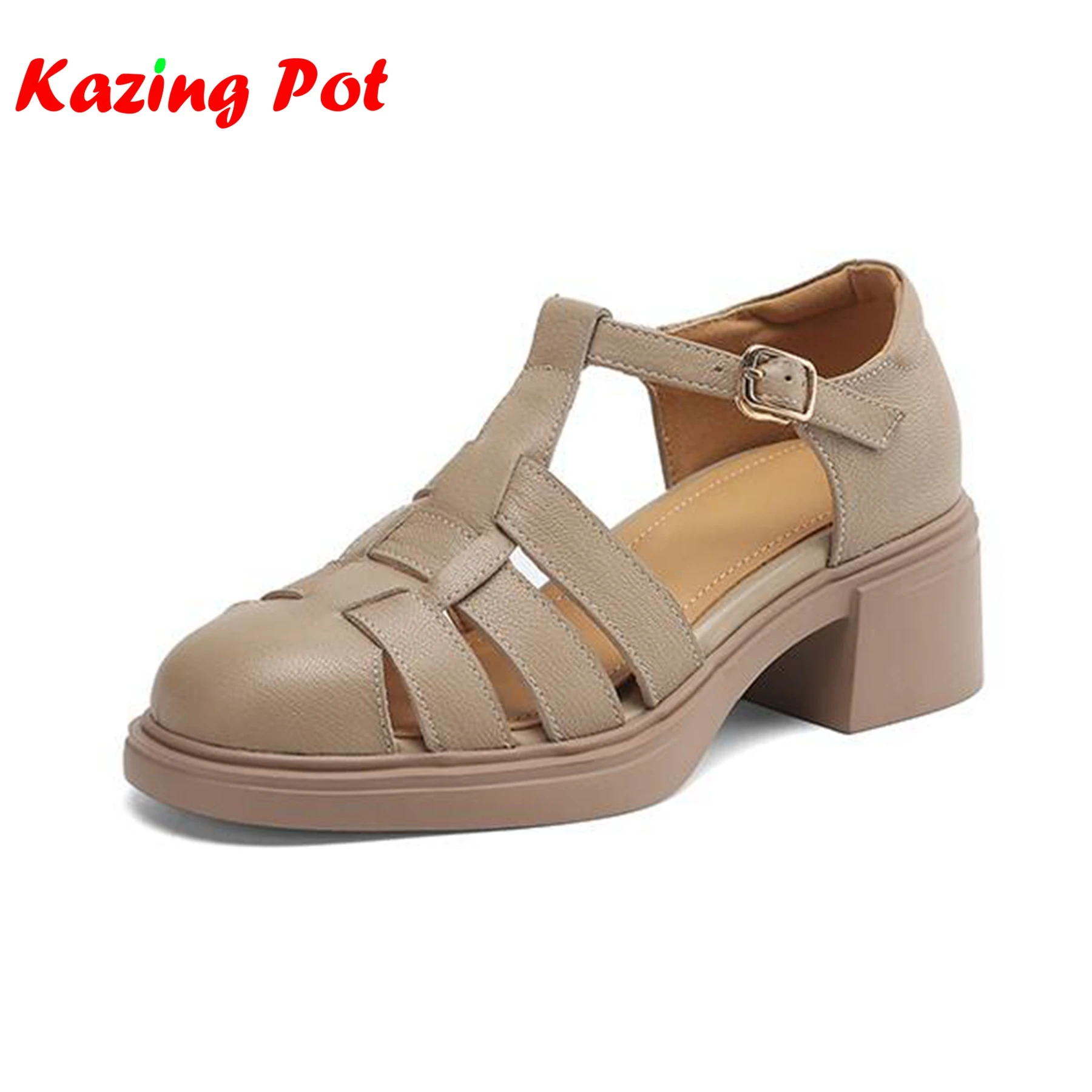 

Krazing Pot Sheepskin Round Toe Summer Sandals Shoes Size 42 Hollow Decorations Metal Buckle Women Platform Med Heels Soft Pumps