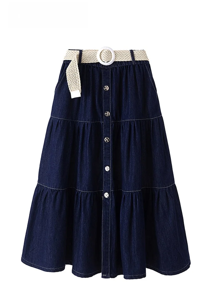 

Джинсовая юбка А-силуэта с высокой талией для женщин, весна 2026, большие размеры, скрывает живот, универсальная, повседневная, в корейском стиле, из полиэфирного волокна