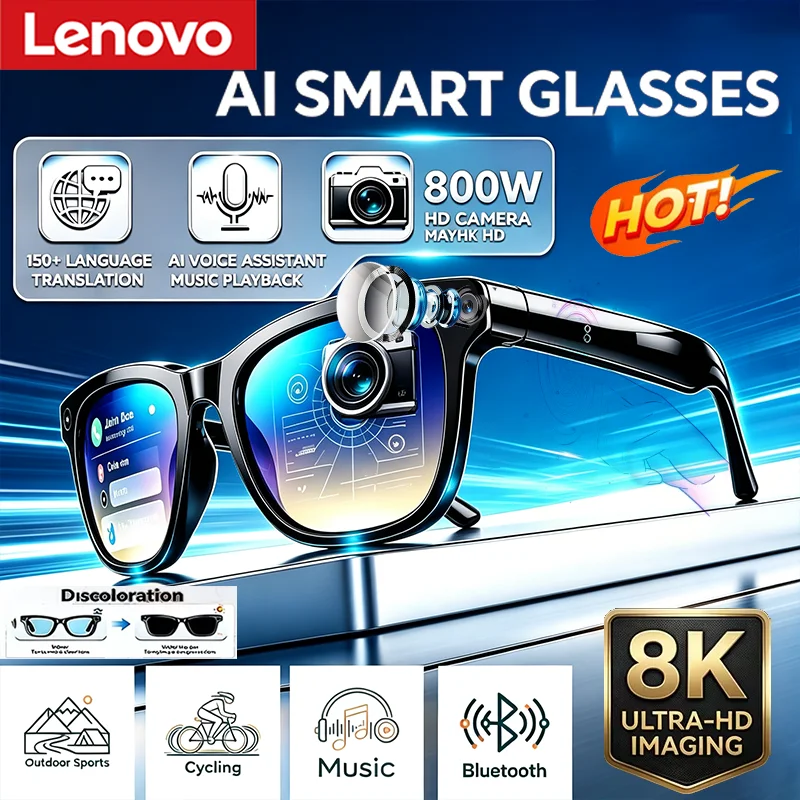 Lenovo Smart Camera Glasses HD Video Bluetooth Call AI Voice Assistant Outdoor Sports Recording Sunglasses Wearable For Cycling