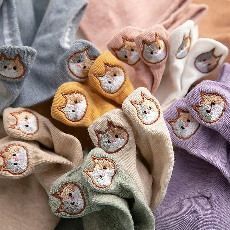 5 par skarpetki z haftem zwierzęcym damskie słodki kociak letnie krótkie skarpetki zestaw Cartoon Kawaii miękka marka projektant Sokken