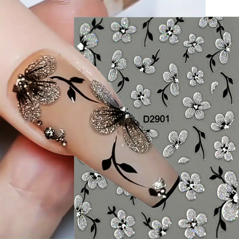 1Pcs 5D Glitter Silver Laser Flowers Nail Sticker Watercolor Blooming Black Glitter Five-Petal Flowers Decal DIY Floret Slider