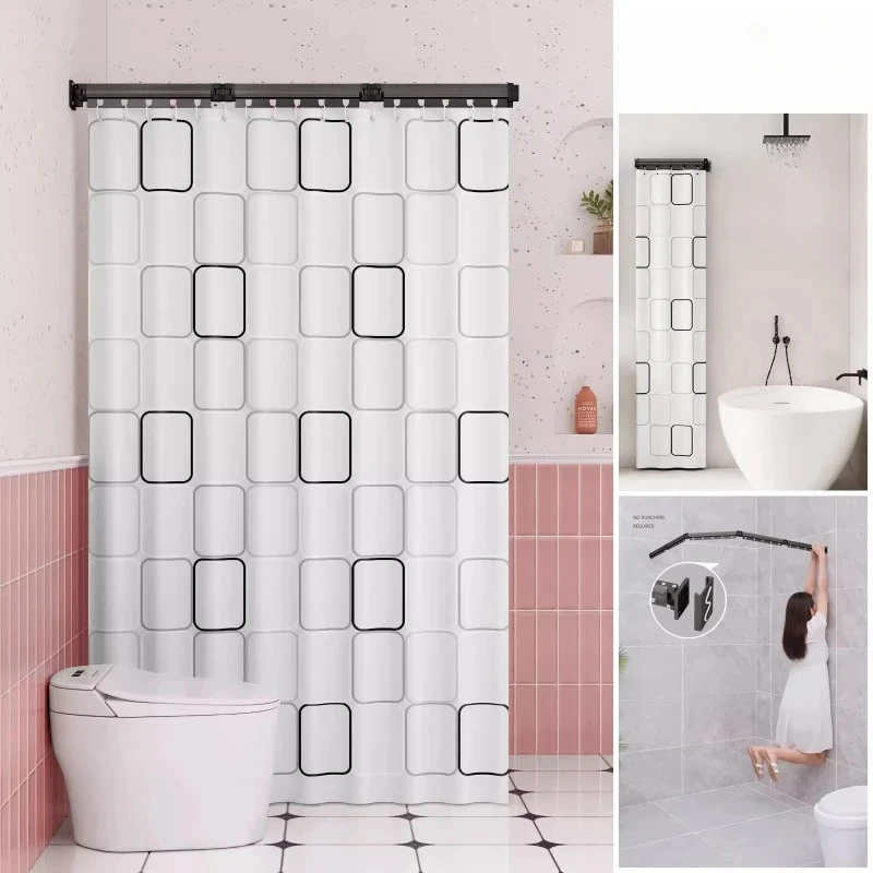 C-shaped Waterproof Shower Foldable Shower Curtain Rod for Bathroom and Toilet No Need To Drill Holes Dry-wet Separation