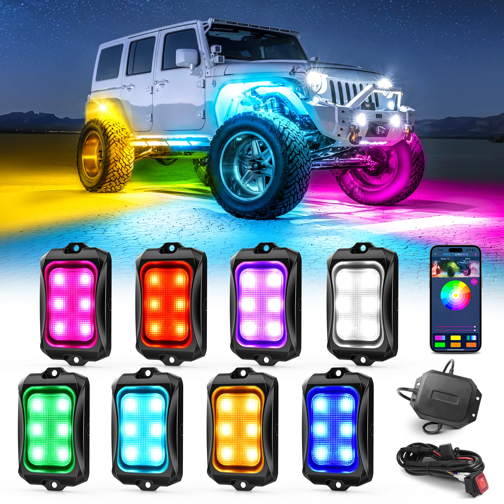 

MICTUNING RGB+IC LED Rock Lights - Chasing Color Dynamic Lighting Modes, 8 Pods Underglow Lighting Kit with Stable APP Control